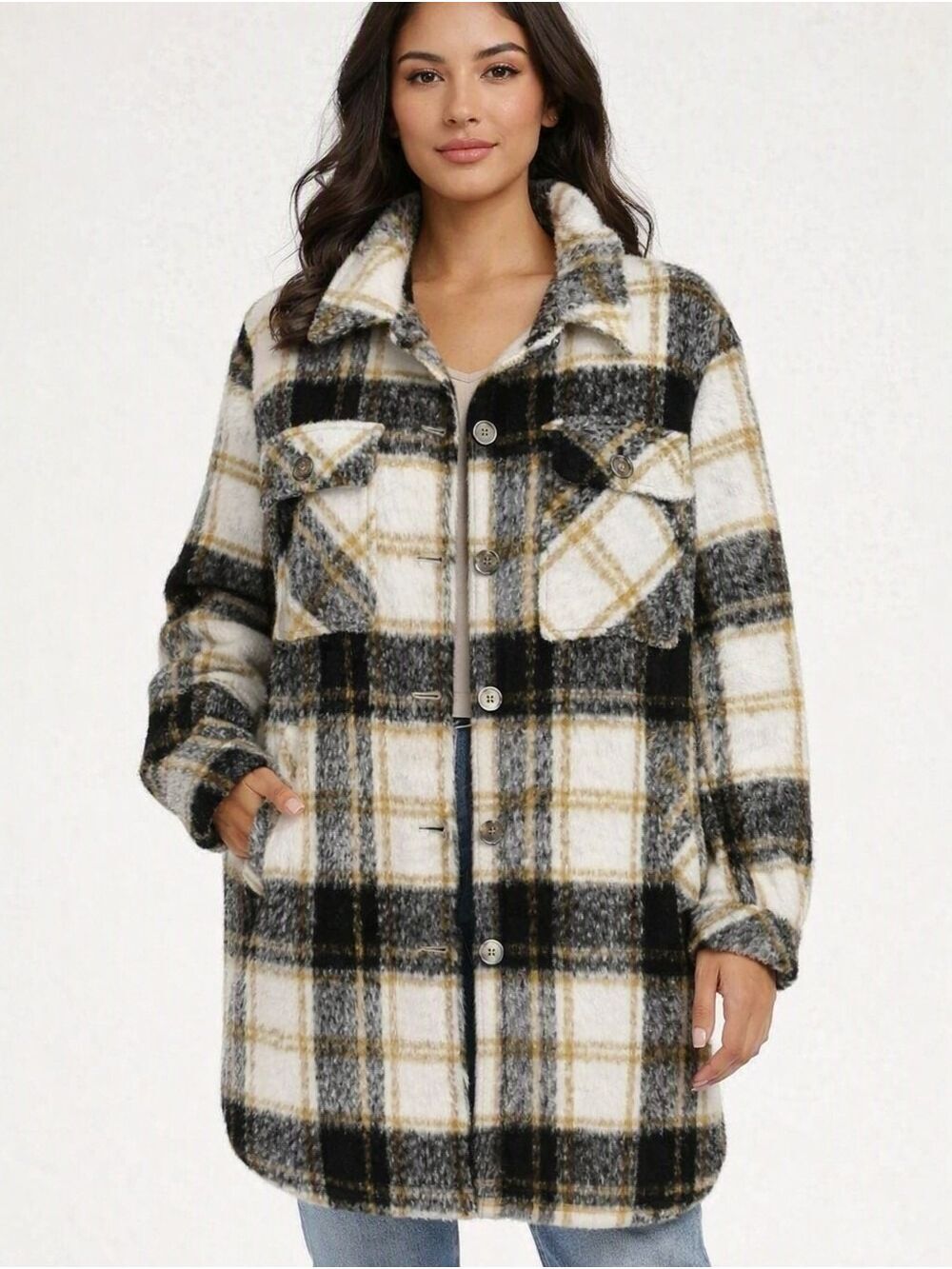 Womens Vince Camuto Wool Blend Plaid Cozycore Long Shacket Coat. XL